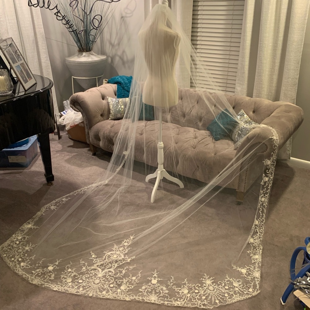 Light ivory beaded cathedral veil. Never worn